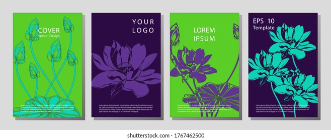 Diseño de la plantilla de la tarjeta de invitación para bodas botánicas, flores de loto y hojas sobre fondo claro, estilo vintage minimalista. Diseño minimalista de plantillas de tarjetas de invitación floral, flores de loto.