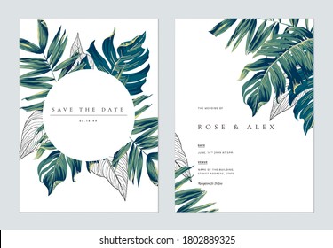 Diseño de plantilla de la tarjeta de invitación para bodas botánicas, hojas tropicales dibujadas a mano en blanco