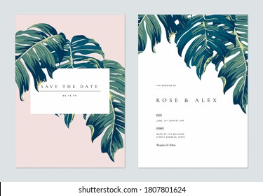 Botanical wedding invitation card template design, hand drawn Split-leaf Philodendron leaves