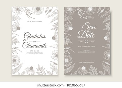 Botanical wedding invitation card template design. Romantic tender floral design for wedding invitation, save the date and thank you cards.