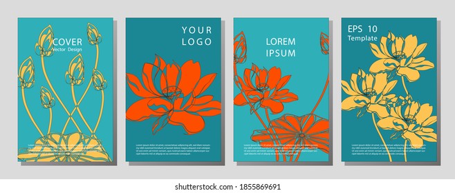 Botanical wedding invitation card template design, lotus flowers and leaves on light  background, minimalist vintage style. Minimalist floral invitation card template design, lotus flowers.