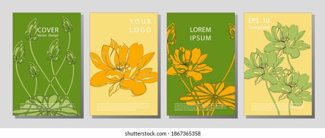 Diseño de la plantilla de la tarjeta de invitación para bodas botánicas, flores de loto y hojas sobre fondo claro, estilo vintage minimalista. Diseño minimalista de plantillas de tarjetas de invitación floral, flores de loto.