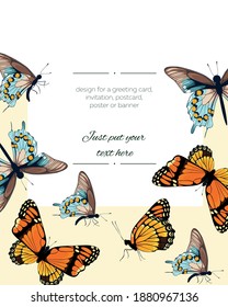 Botanical wedding invitation card template design,blue orange butterflies on white background, vintage style.