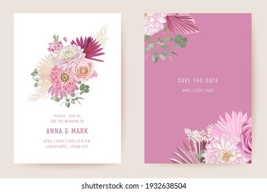 Botanical wedding invitation card template design, tropical palm leaves frame set, dry rose flowers watercolor minimal vector. Save the Date golden foliage modern poster, trendy luxury background