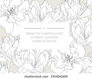 Botanical wedding invitation card template design, tulip flowers line art ink drawing background. 