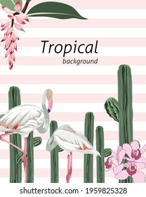 Botanical wedding invitation card template, banner design, cacti and flamingo bird on light striped background, minimalist frame or birthday invitation.