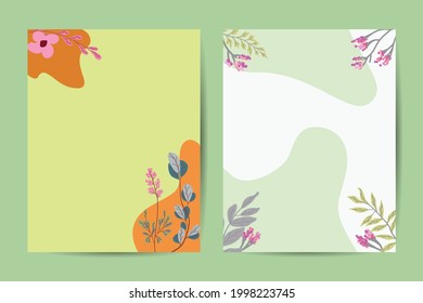 Botanical wedding invitation card template design, pink poppy flowers and leaves on blue background, minimalist vintage style