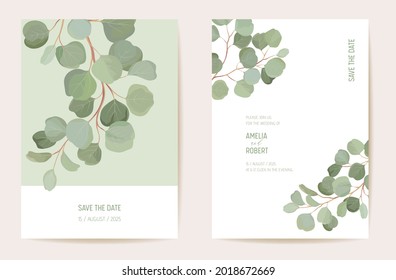 Diseño de plantilla de la tarjeta de invitación para bodas botánicas, conjunto de marcos de vegetación de hojas tropicales. Eucalyptus, ramas de hojas verdes acuarela mínima vector. Afiche moderno Save the Date, fondo de lujo moderno