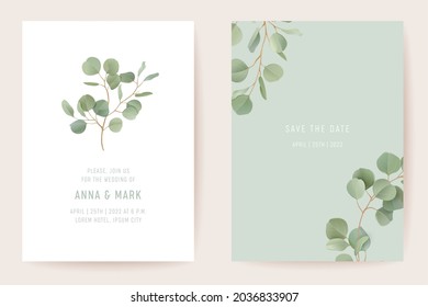 Botanical wedding invitation card template design, realistic leaves greenery frame set. Eucalyptus, green leaf branches watercolor minimal vector. Save the Date modern poster, trendy luxury background