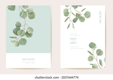 Botanical wedding invitation card template design, realistic leaves greenery frame set. Eucalyptus, green leaf branches watercolor minimal vector. Save the Date modern poster, trendy luxury background