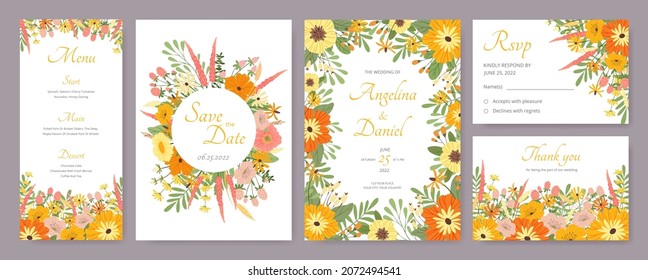 Botanical wedding invitation card template with flowers and leaves. Floral menu, rsvp or save the date cards with wildflowers vector set. Decorative spring plants with blossom for print