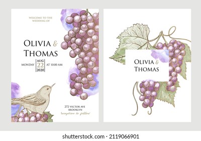 Botanical wedding invitation card template gold design, grapes fruts with leaves. Invitation card with fruit print, garden theme for save the date.