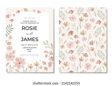 Botanical wedding invitation card template design, pink, orange wildflowers and green leaves with frame on light beige background, pastel vintage theme