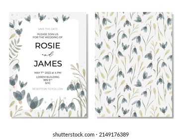 Botanical wedding invitation card template design, blue wildflowers and green leaves with frame on light beige background, pastel vintage theme