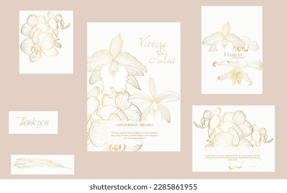 Botanical wedding invitation card template design, line orchid flowers branch with golden frame on white background, vintage style.