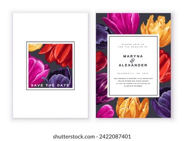 Tarjeta botánica de invitación a la boda. Diseño de plantilla con coloridas flores de tulipán y pétalos sobre un fondo negro. Vector, estilo realista, alto detalle. Fácil de editar y personalizar para su diseño, tarjetas