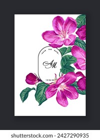 Botanical wedding invitation card. Template design for your products with pink flowers of a blooming spring fruit tree. Flowers and leaves of cherry or apple tree. Vector, realistic style, high detail