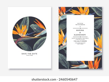 Botanical wedding invitation card. Template design with Strelitzia Reginae, tropical flowers and leaves. South African plant, called bird of paradise. Collection of Save the Date and RSVP in vectorEPS