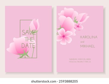 Botanical wedding invitation card template. Floral design with sakura flowers in flat style. Editable vector illustration on pink background