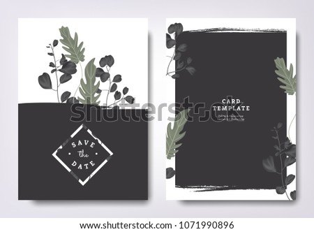Botanical wedding invitation card template design, green leaves and black eucalyptus leaves with black grunge frame, minimalist vintage style
