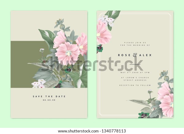 Botanical wedding invitation card template design,\
pink Alcea or hollyhocks flowers and leaves on light brown, natural\
organic theme