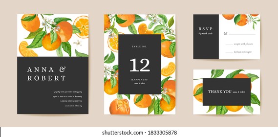 Botanical wedding invitation card, vintage Save the Date mandarin, citrus template design watercolor illustration. Vector luxury oranges trendy cover, graphic poster, brochure