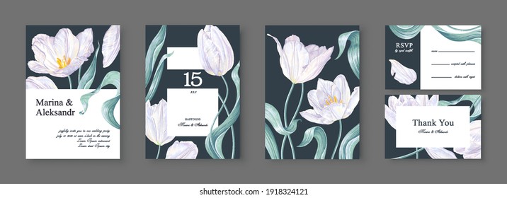 Botanical wedding invitation cards with white tulip flowers with leaves and petals. Realistic modern vector, hand-drawn Save the Date concept. Template for social networks, banners, posters and greeting cards