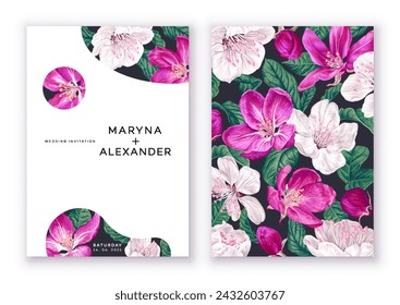 Botanical wedding invitation. Design template with blooming fruit trees in white and pink colors. Realistic hand drawn cherry blossoms apricots apple trees. Template for posters, social media posts