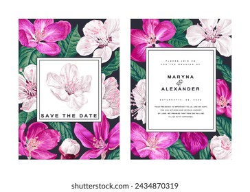 Botanical wedding invitation. Design template with white and pink flowers of fruit trees. Spring flowers, apricot, sakura, cherry, apple or pear. Vector, realistic style, high detail. 