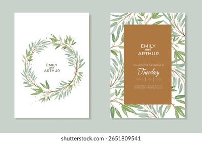 Invitación de Boda botánica con ramas de eucalipto pintadas a mano en acuarela. Vector