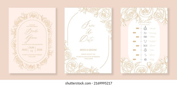 Botanical wedding invitation, save the date card and timeline template with sketch drawn roses flower and arch for party, greeting card