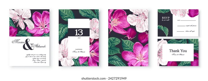 Botanical wedding invitation set. Template design for your products with pink and white flowers of a blooming spring fruit tree. Flowers and leaves of cherry or apple tree. Vector, realistic style