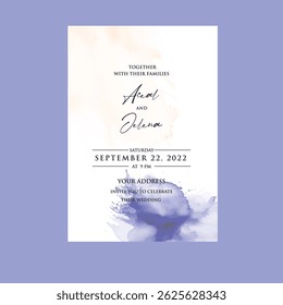 Invitación de boda botánica con flores suaves y monograma clásico.