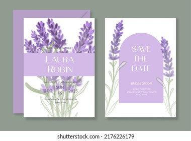 Plantilla de invitación a bodas botánicas con lavanda acuática y arco para fiesta, tarjeta de saludo