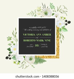 Botanical Wedding Invitation, vintage Save the Date, floral invite, thank you, rsvp rustic card design with gold foil decoration. Vector elegant modern template, trendy cover, retro graphic poster