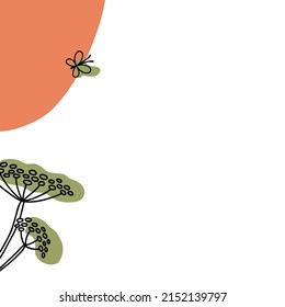 Botanical wedding square invitation card or post cover template design with simple flat wildflower, butterfly and stain in orange and green colors