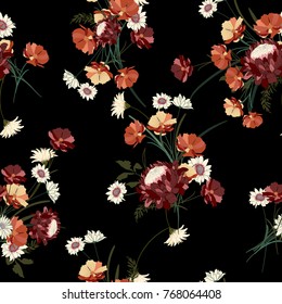 Botanical and wild flowers with leaves pattern on a black background. Botanical and wild flowers with leaves pattern on a black background.