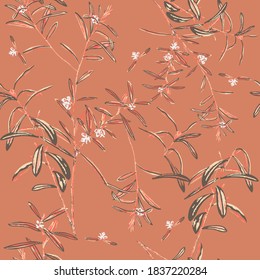 Botanical Wild Leaves and Florals Seamless Pattern Trendy Fashion Colors Stylish Elegant Concept Theme Perfect for Allover Fabric Print Pastel Coral Background