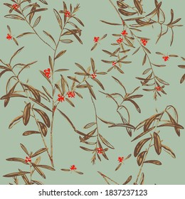 Botanical Wild Leaves and Florals Seamless Pattern Trendy Fashion Colors Stylish Elegant Concept Theme Perfect for Allover Fabric Print Pastel Green Background