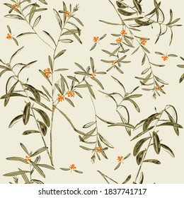 Botanical Wild Leaves and Florals Seamless Pattern Trendy Fashion Colors Stylish Elegant Concept Theme Perfect for Allover Fabric Print Ecru Background