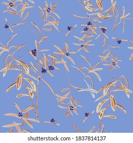 Botanical Wild Leaves and Florals Seamless Pattern Trendy Fashion Colors Stylish Elegant Concept Theme Perfect for Allover Fabric Print Sky Blue Background