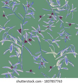 Botanical Wild Leaves and Florals Seamless Pattern Trendy Fashion Colors Stylish Elegant Concept Theme Perfect for Allover Fabric Print Green Background