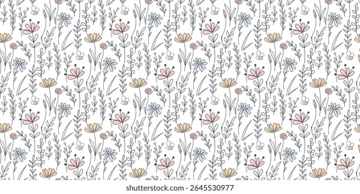 Padrão sem emenda de flores silvestres botânicas. Fundo rústico com flores, ervas e galhos rabiscar estilo de esboço. Impressão Cottagecore para têxteis, tecido, papel de parede, gráficos vetoriais