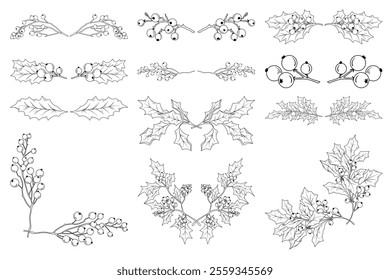 Botanical winter line drawing illustration, hand drawn holly leaves and berries, Christmas floral decorative elements, vector outline set