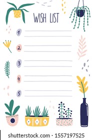 Botanical wish list flat vector illustration. Blank numbered list with flowers illustrations isolated on white. Empty sheet with place for text. Floral wishlist design with decorative plants.