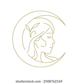 Botanical woman with crescent portrait minimal golden line art icon vector illustration. Elegant feminine blossom fantasy mythology lady witch monochrome logo for spa wellness salon beauty makeup