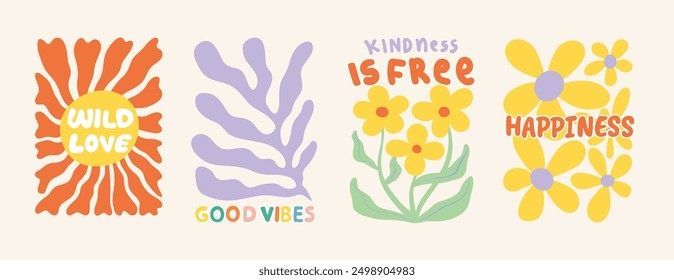 Botanical with words and quotes background art vector set. Flower and leaves abstract shape doodle art design for T-shirt, poster, fabric, packaging, print.