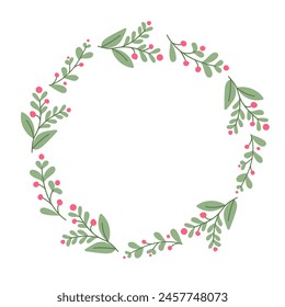 Botanical wreath with abstract stylized plants in flat style. Vector hand drawn frame or template isolated on white background. Good as template for wedding and greeting card or decoration