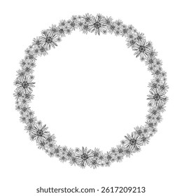Botanical wreath composed of hand drawn wildflowers. Detailed black and white illustration with chamomile, echinacea, and arnica-like blooms. Ideal for invitations, packaging, and herbal designs.