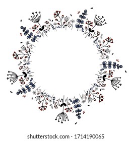 Botanical wreath. Cute flowers, leaves and branches, round frame. Design elements for logo, cards, wedding invitations, fabric and textile. White isolated background, print. Graphic lines, sketch.